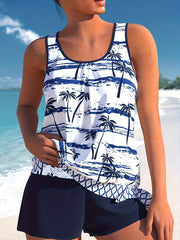 Coconut Tree Print Tankini Set - Knot Side Tank Top & Shorts S