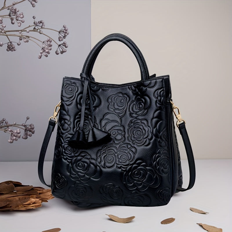 Vintage Floral Print Leather Women's Handbag Large Capacity Messenger Tote