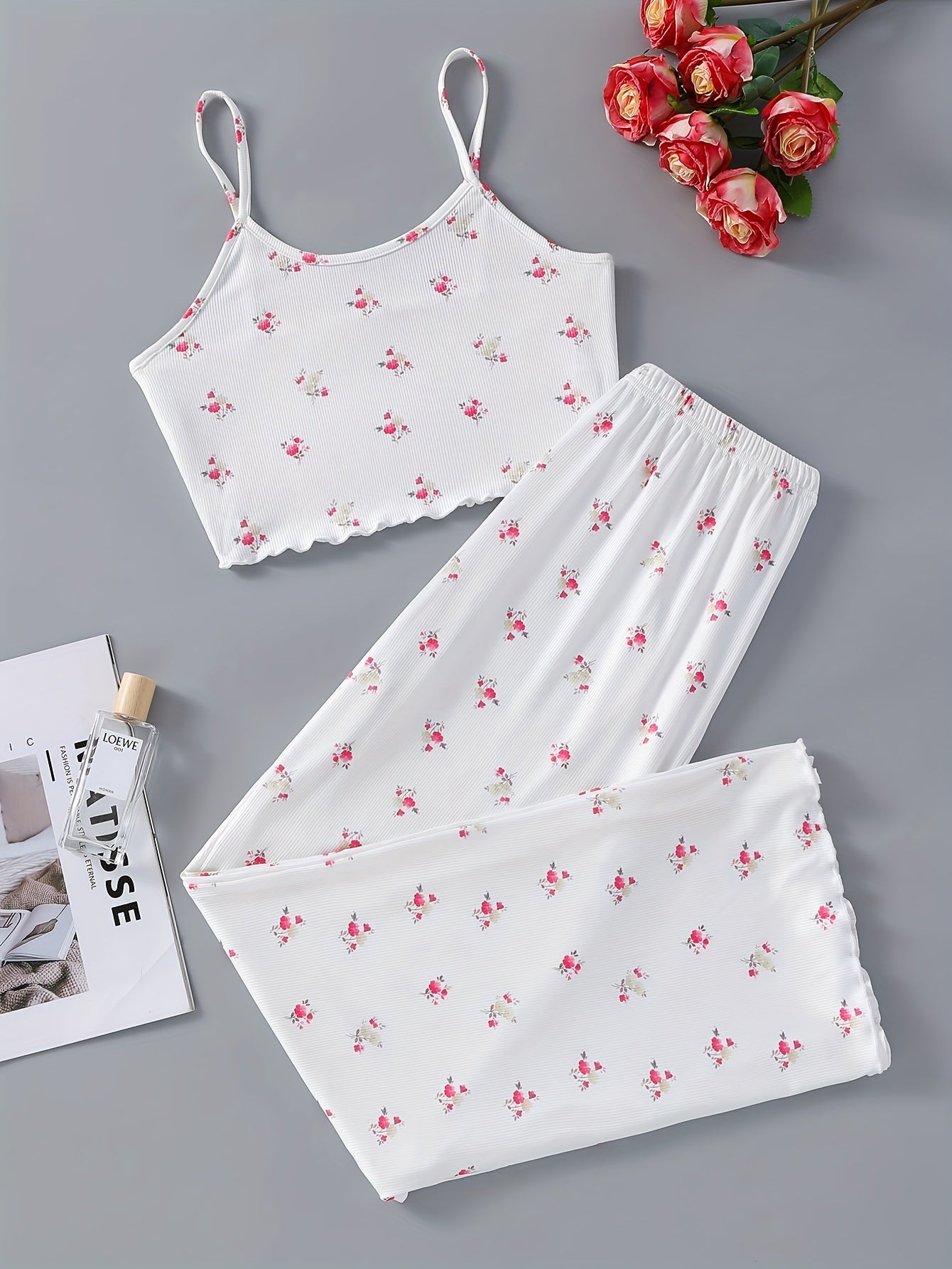 Floral Print Lounge Set Crew Neck Cami Top & Pants