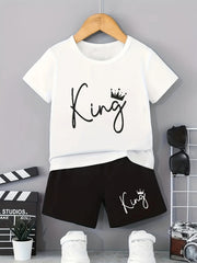 Boys King Crown Print Casual Outfit Round Neck T shirt & Shorts