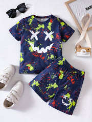 Boy's Cartoon & Smile Graphics 2PC Short Sleeve T Shirt & Shorts Set