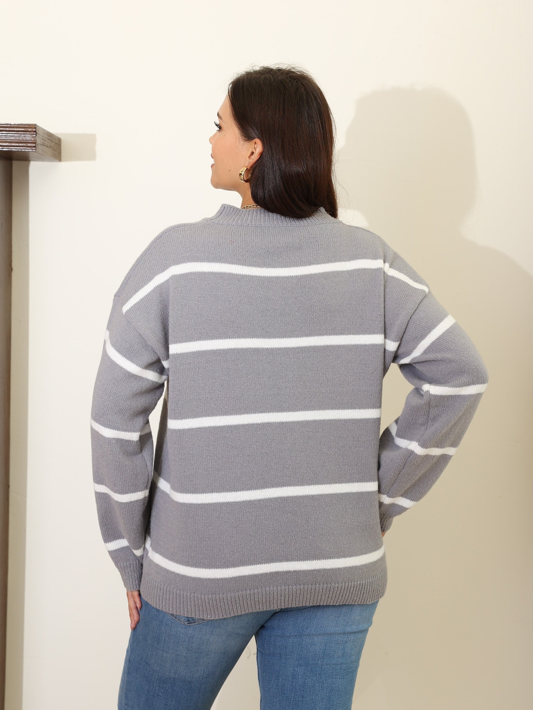 Casual Sweater Women's Plus Stripe Print Long Sleeve Round Neck Jumper