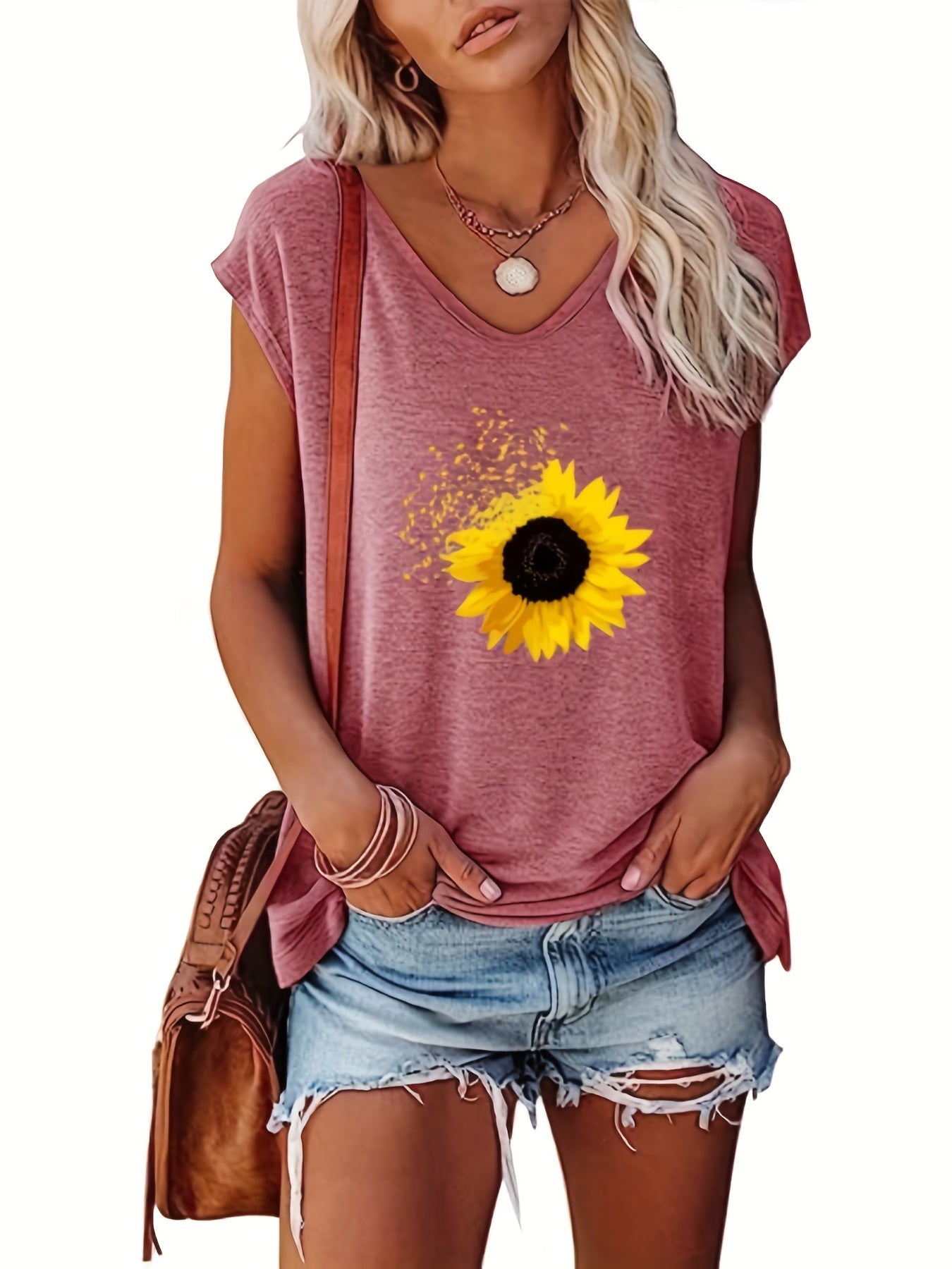Sunflower Print Cap Sleeve Top V Neck Summer Top