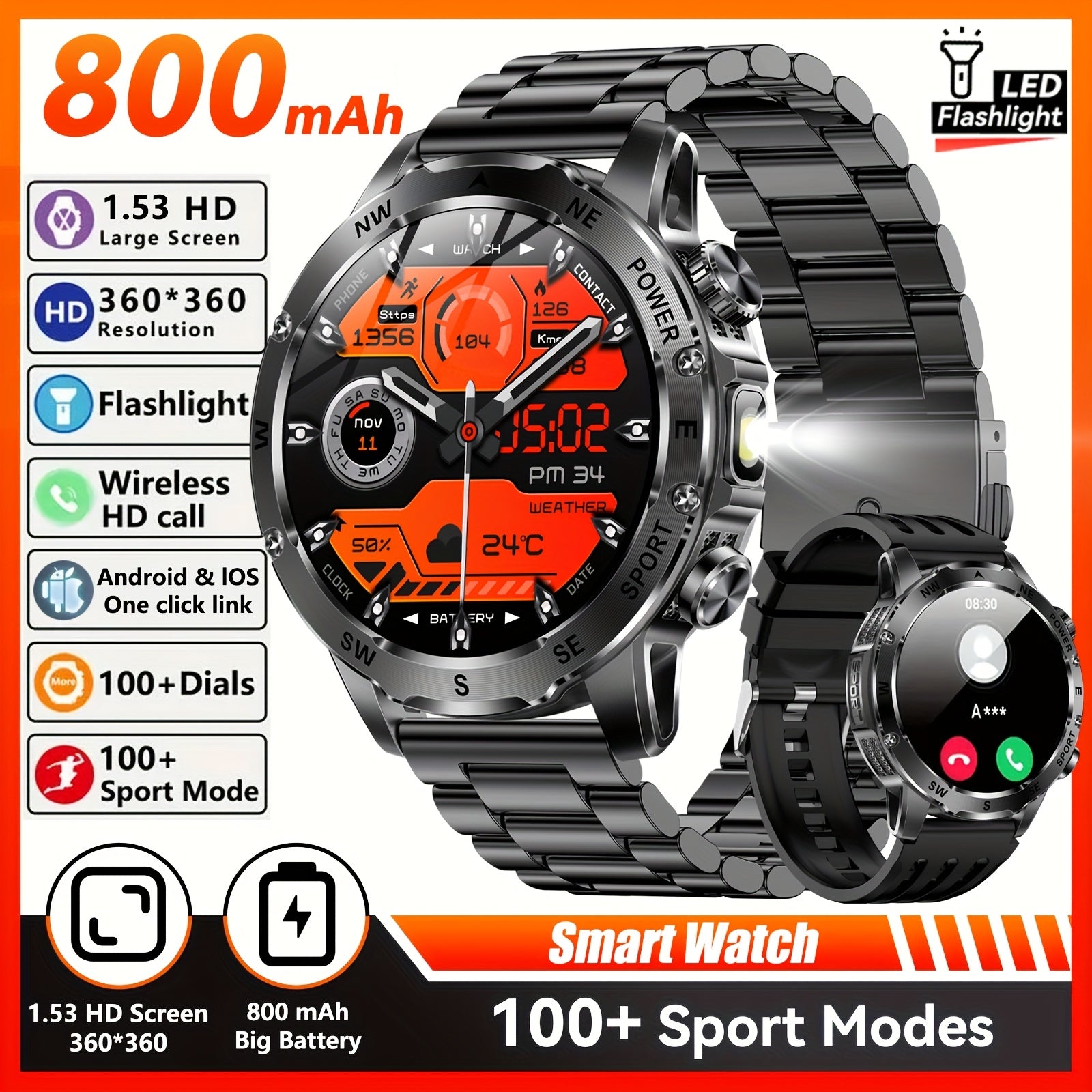 Outdoor Smart Watch with LED Flashlight 800mAh