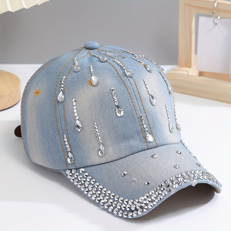 Distressed Denim Rhinestone Baseball Cap Adjustable Sun Hat