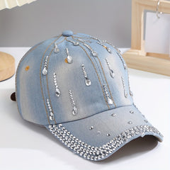 Distressed Denim Rhinestone Baseball Cap Adjustable Sun Hat