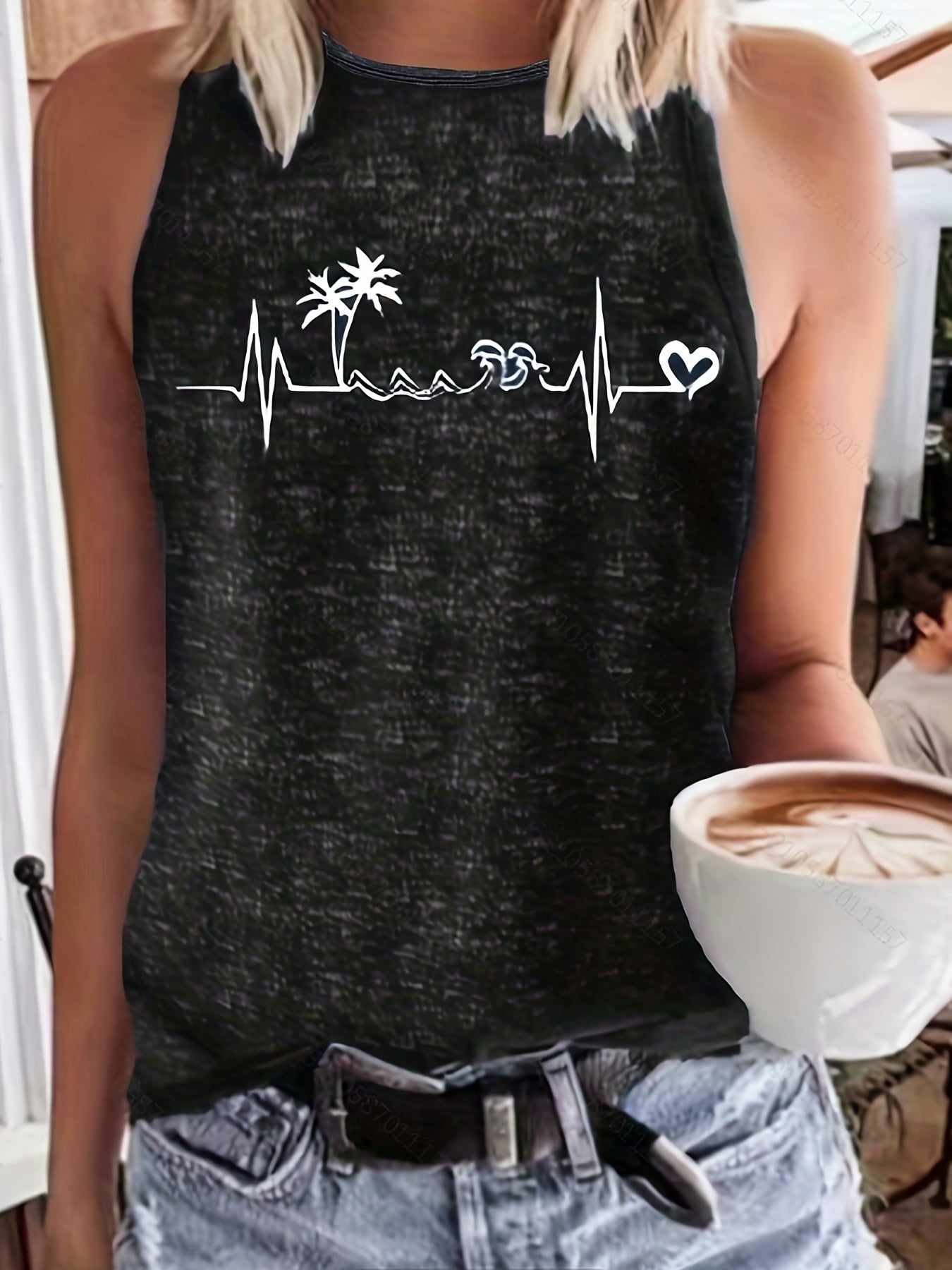 Graphic Print Tank Top Round Neck Casual Sleeveless Stretch