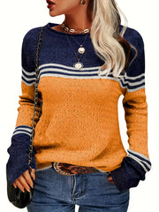 Block Boat Neck Knitted Top Long Sleeve Pullover Sweater