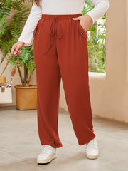 Pants Women's Plus Solid Elastic Drawstring High Rise Straight Leg