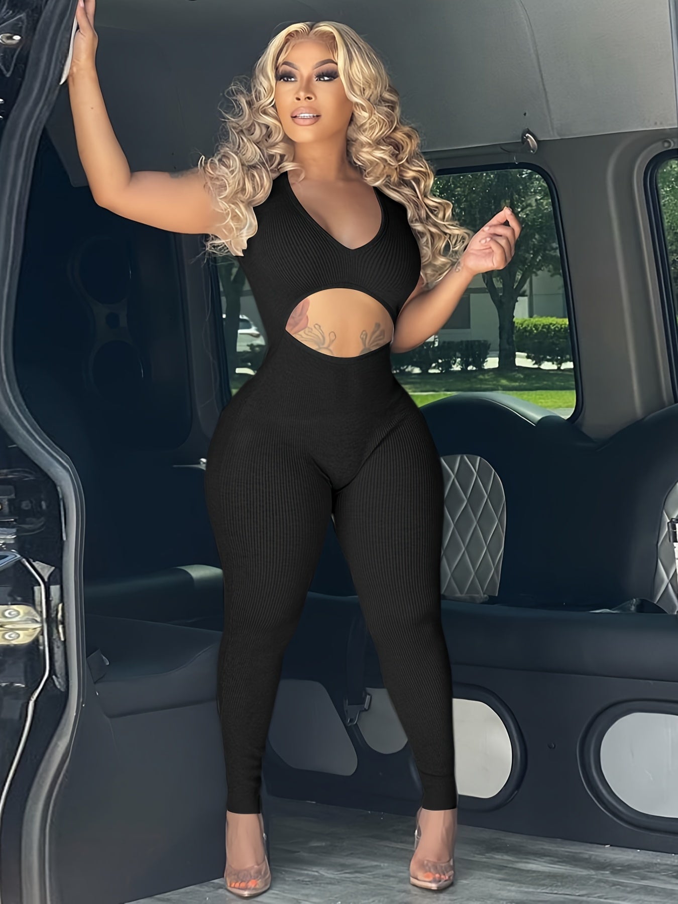 Sleeveless Cutout Jumpsuit Solid Bodycon Sexy Outfit