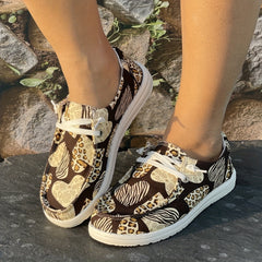 Leopard Heart Flat Skate Shoes Shallow Mouth Casual Women's Shoes