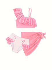 Girls Flamingo Graphic Ruffle Trim Bathing Suit Set