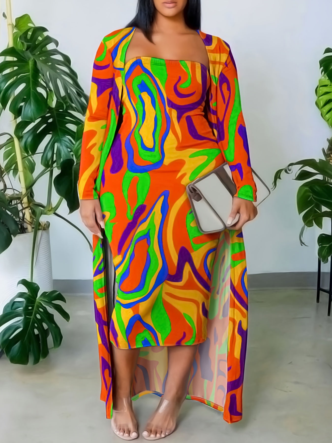 Women's Plus Tie Dye Tube Dress and Long Sleeve Coat Set