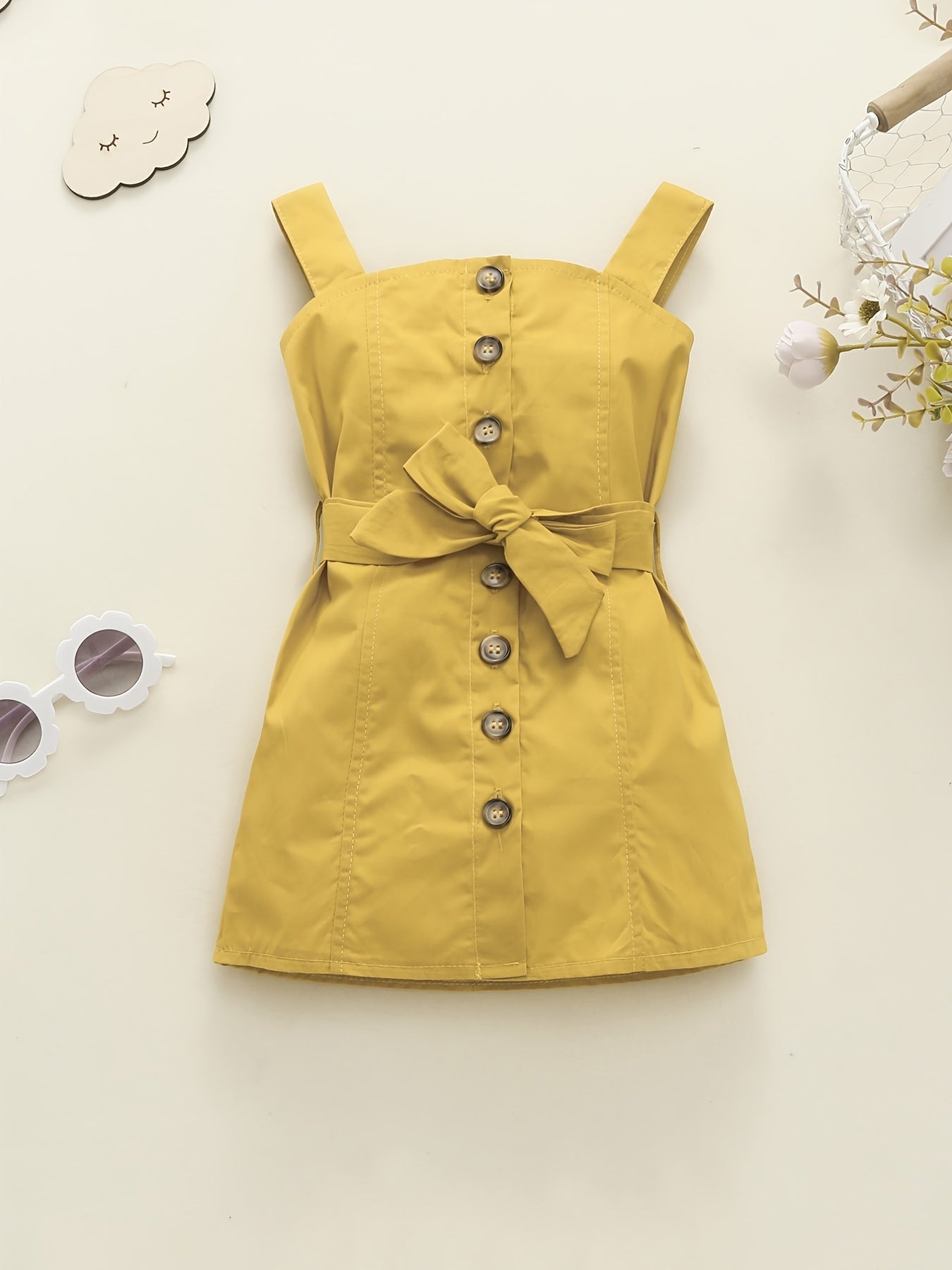 Girls Casual Button Up Cami Dress With Bow Belt