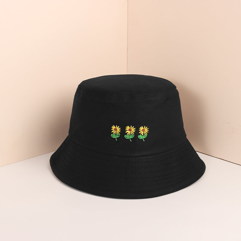 Three Flowers Embroidery Bucket Hat Solid Cotton Summer Sun Hat Women Basin Cap