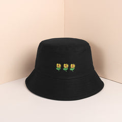 Three Flowers Embroidery Bucket Hat Solid Cotton Summer Sun Hat Women Basin Cap