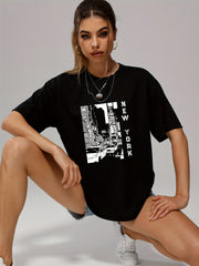 Retro Letter Print Pullover Tee Short Sleeve Shirt