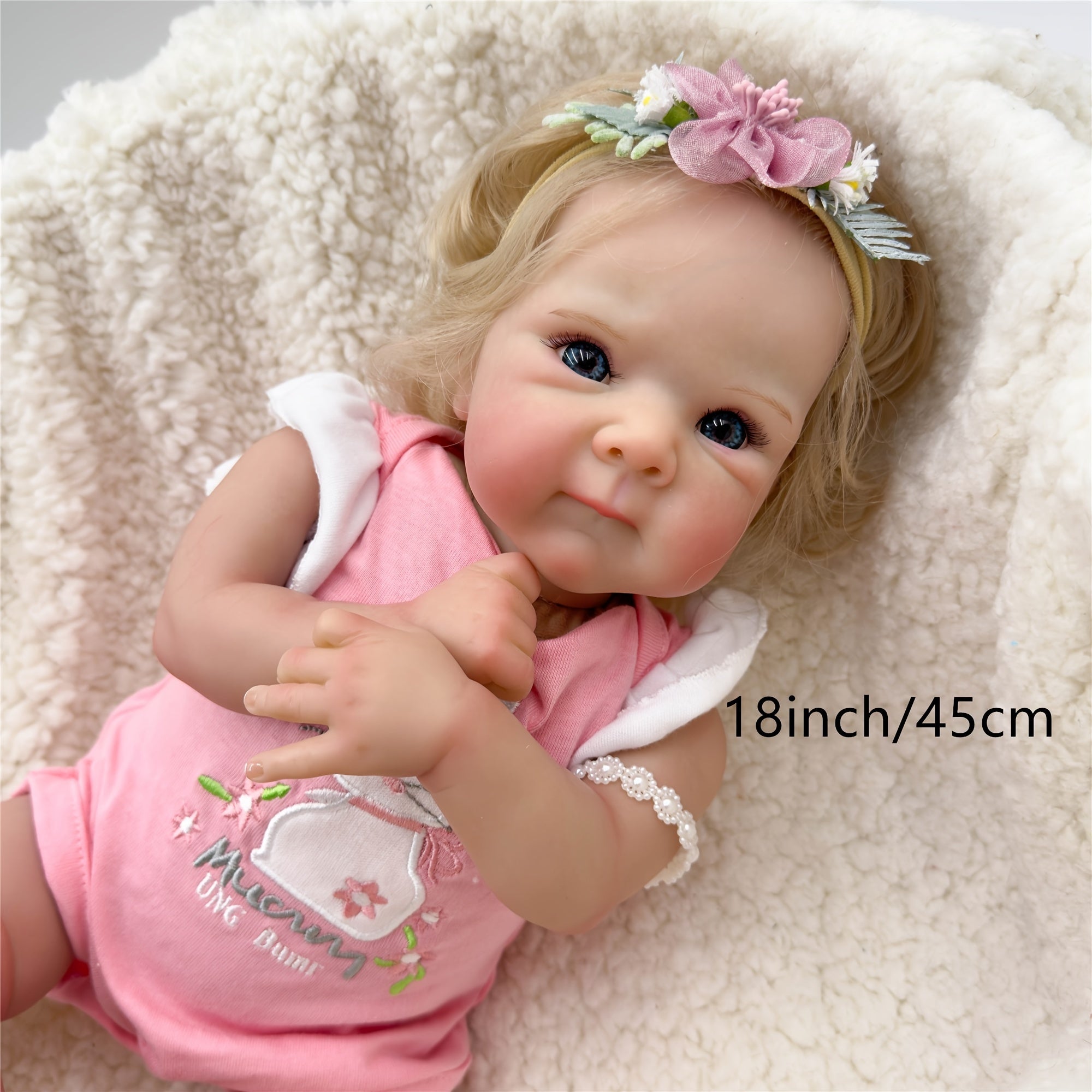 18in Reborn Baby Doll Full Body Newborn Pink Layers 3D Skin Hand Root Hair Toy