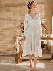 Lace NightDress Long Sleeve V Neck Ruffle Pajama Dress