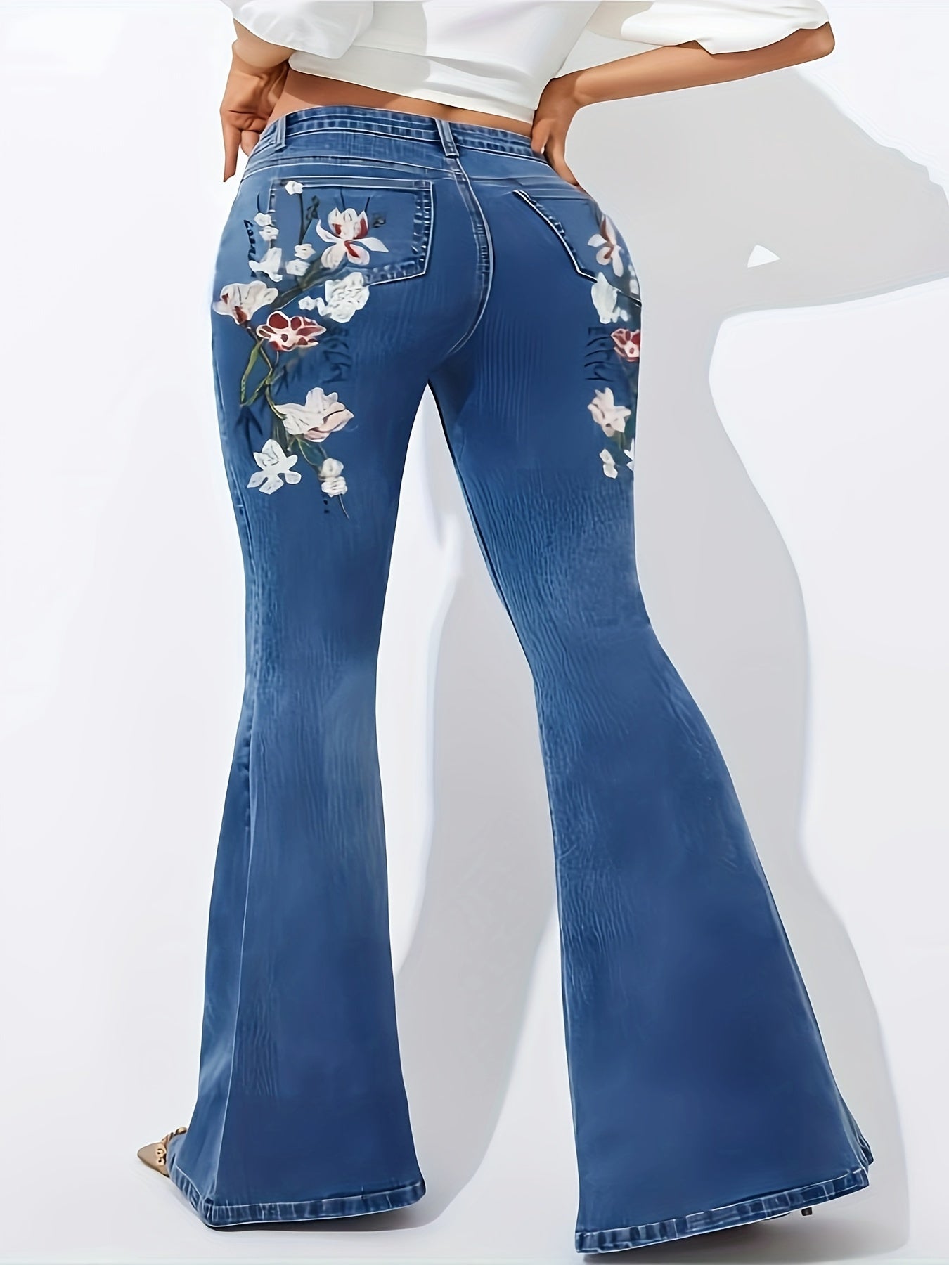 Floral Print Button Fly Flared Leg Jeans