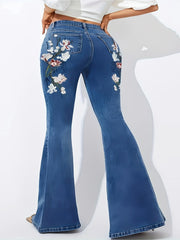 Floral Print Button Fly Flared Leg Jeans