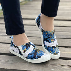 Women's Crane Print Flat Canvas Shoes Lightweight Slip On Loafers