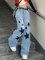 Star Patch Baggy Loose Boyfriend Jeans Dark Wash Zipper Button Closure