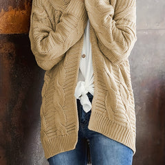 Casual Cardigan Solid Cable Open Front Long Sleeve Stretch Knit