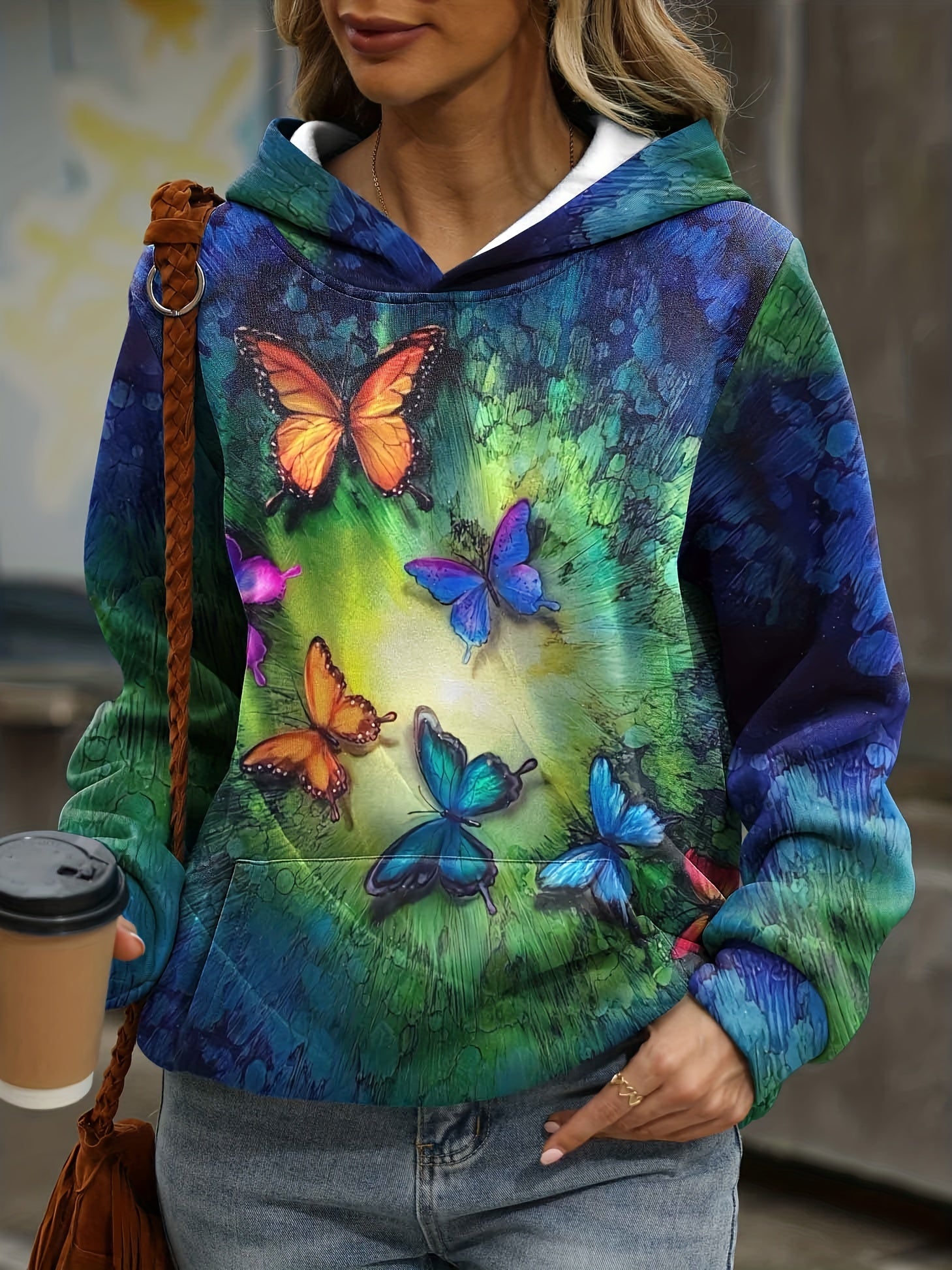 Butterfly Print Kangaroo Pocket Hoodie Long Sleeve Sweatshirt