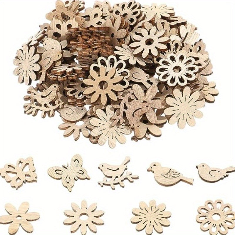 50pcs Wooden Hollow Out Wood Bird Butterfly Flowers Slices for DIY Craft Making