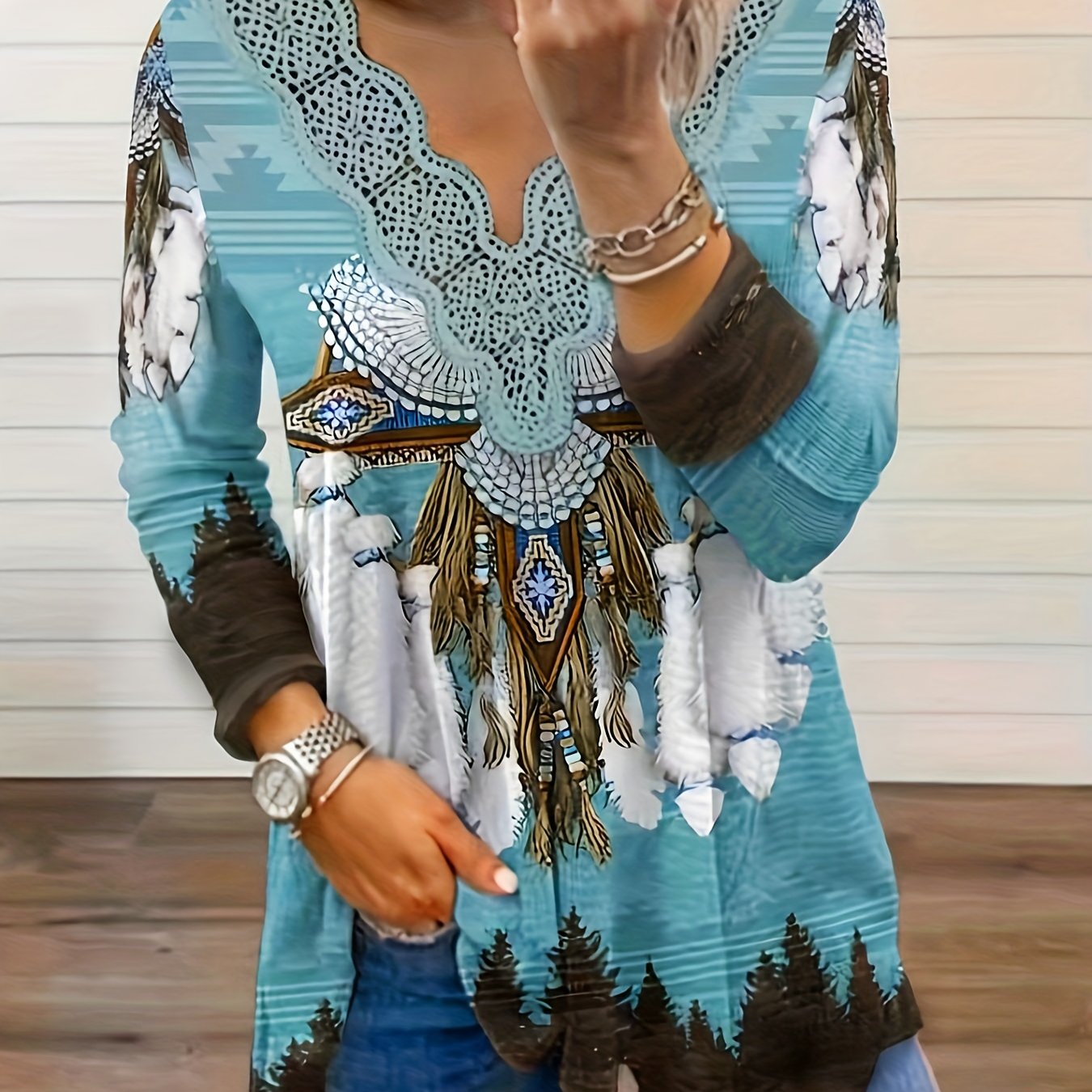 Boho Blouse Geo & Feather Print V Neck Top