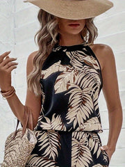 Feather Print Halter Neck Top Sleeveless Summer Casual Wear