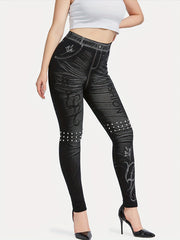 Denim Print Skinny Leggings Casual Stretchy Leggings