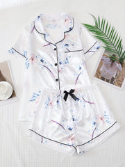 Floral Print Pajamas Set Short Sleeve Top & Bow Shorts PJ Set