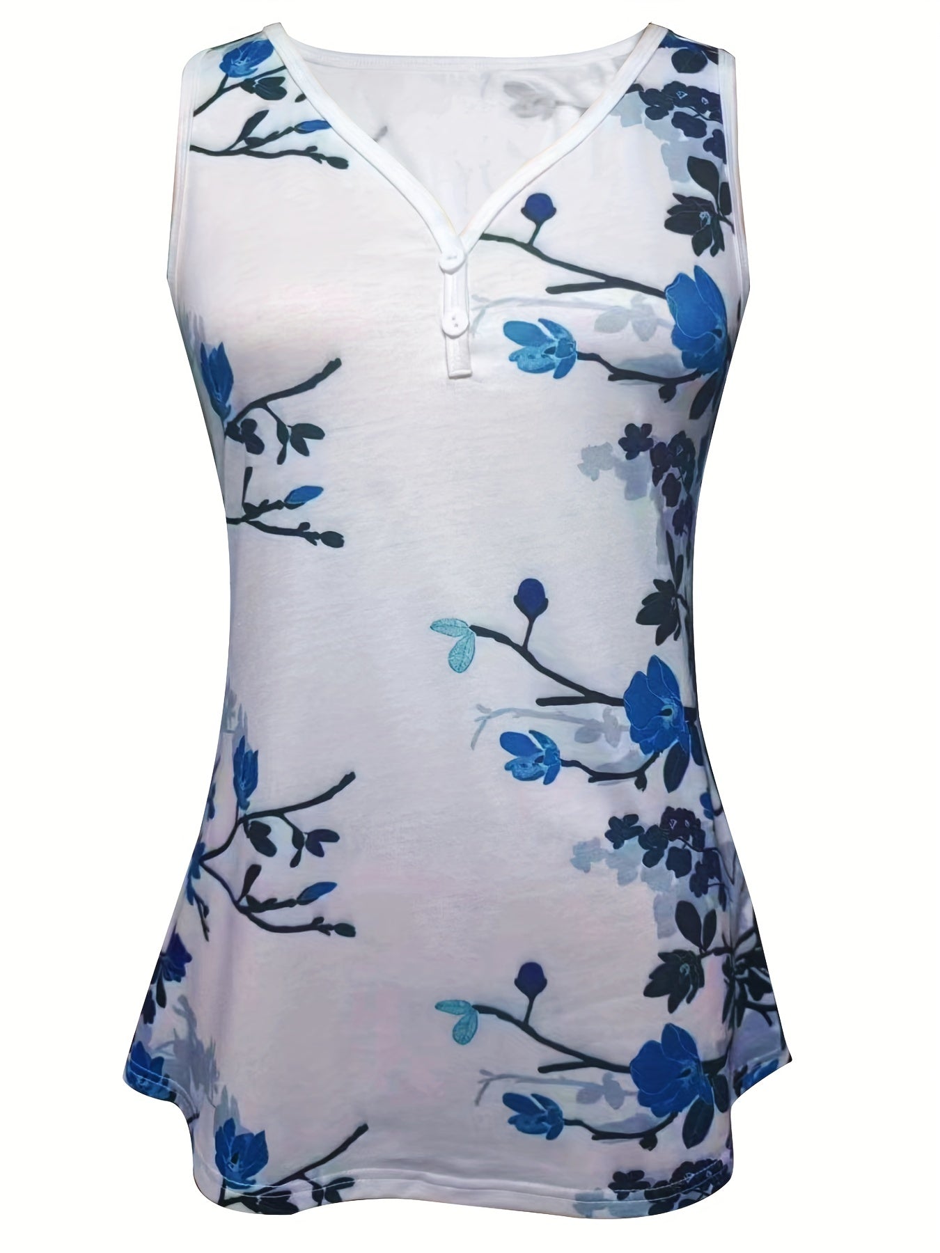 Floral Print Button Front Tank Top V Neck Sleeveless Summer Top