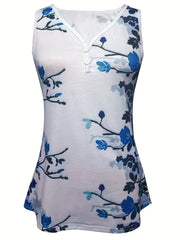 Floral Print Button Front Tank Top V Neck Sleeveless Summer Top