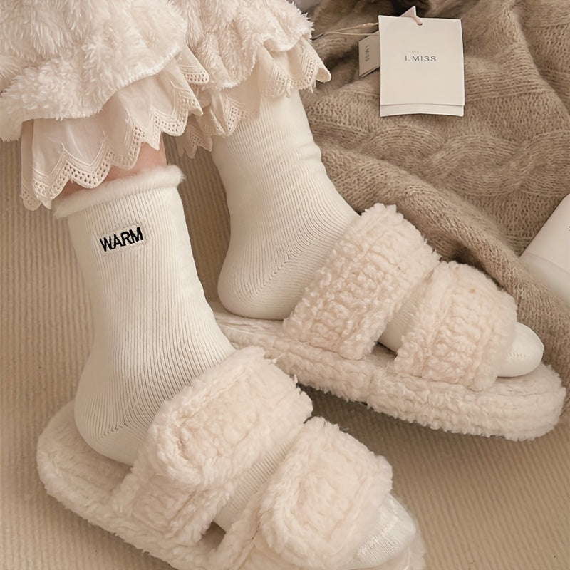 4 Pairs Letter Print Plush Lined Socks for Women