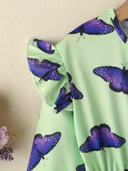 Girls Butterfly Print Ruffle Princess Dress Long Sleeve Holiday Party Outfit