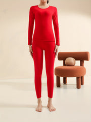 Solid Thermal Underwear Set Crew Neck Tops & Pants Women's Loungewear