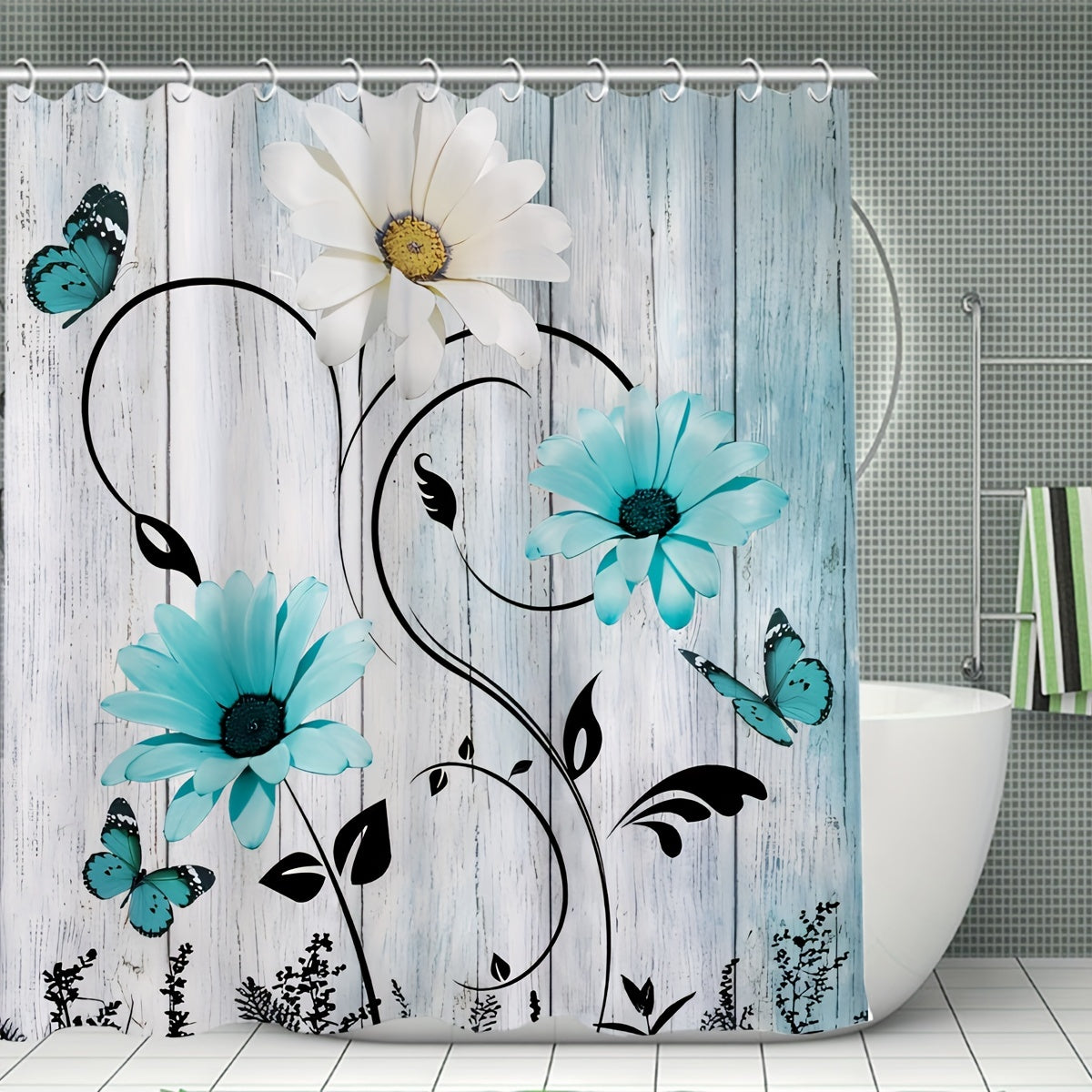 Flower & Butterfly Pattern Shower Curtain Set