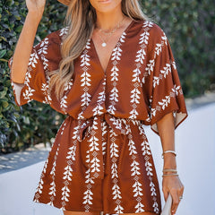 Boho Printed Wide Sleeve Jumpsuit Casual Tie Waist V Neck Short Length