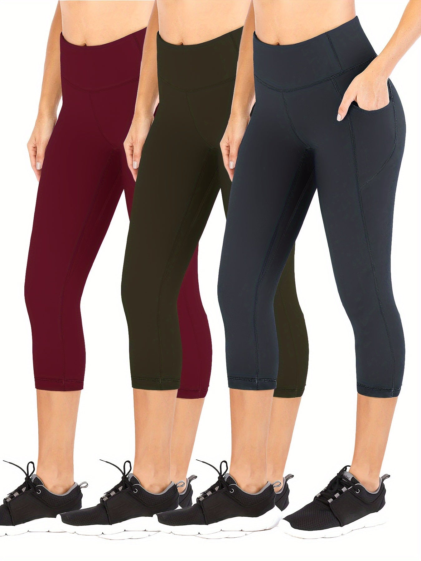 3Pcs Slim Fit Capris Yoga Pants Mid Stretch With Side Pocket