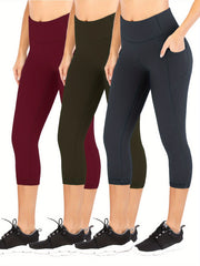 3Pcs Slim Fit Capris Yoga Pants Mid Stretch With Side Pocket