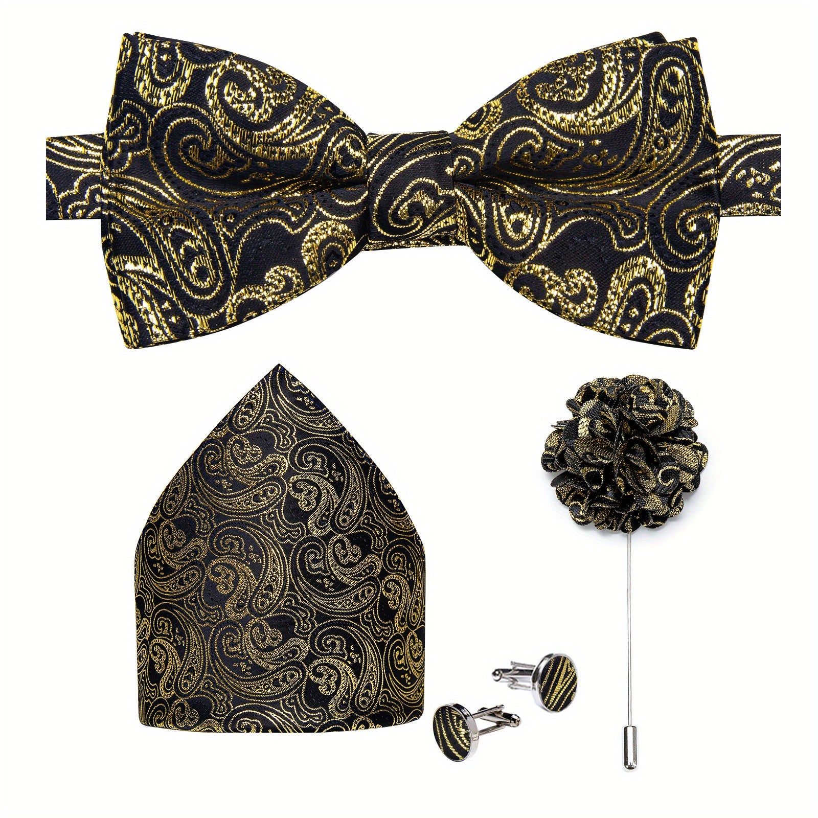 DiBanGu Silk Bow Tie Set with Pocket Square, Lapel Pin & Cufflinks