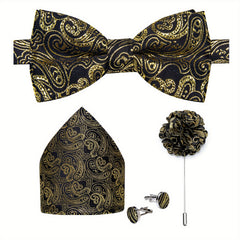 DiBanGu Silk Bow Tie Set with Pocket Square, Lapel Pin & Cufflinks