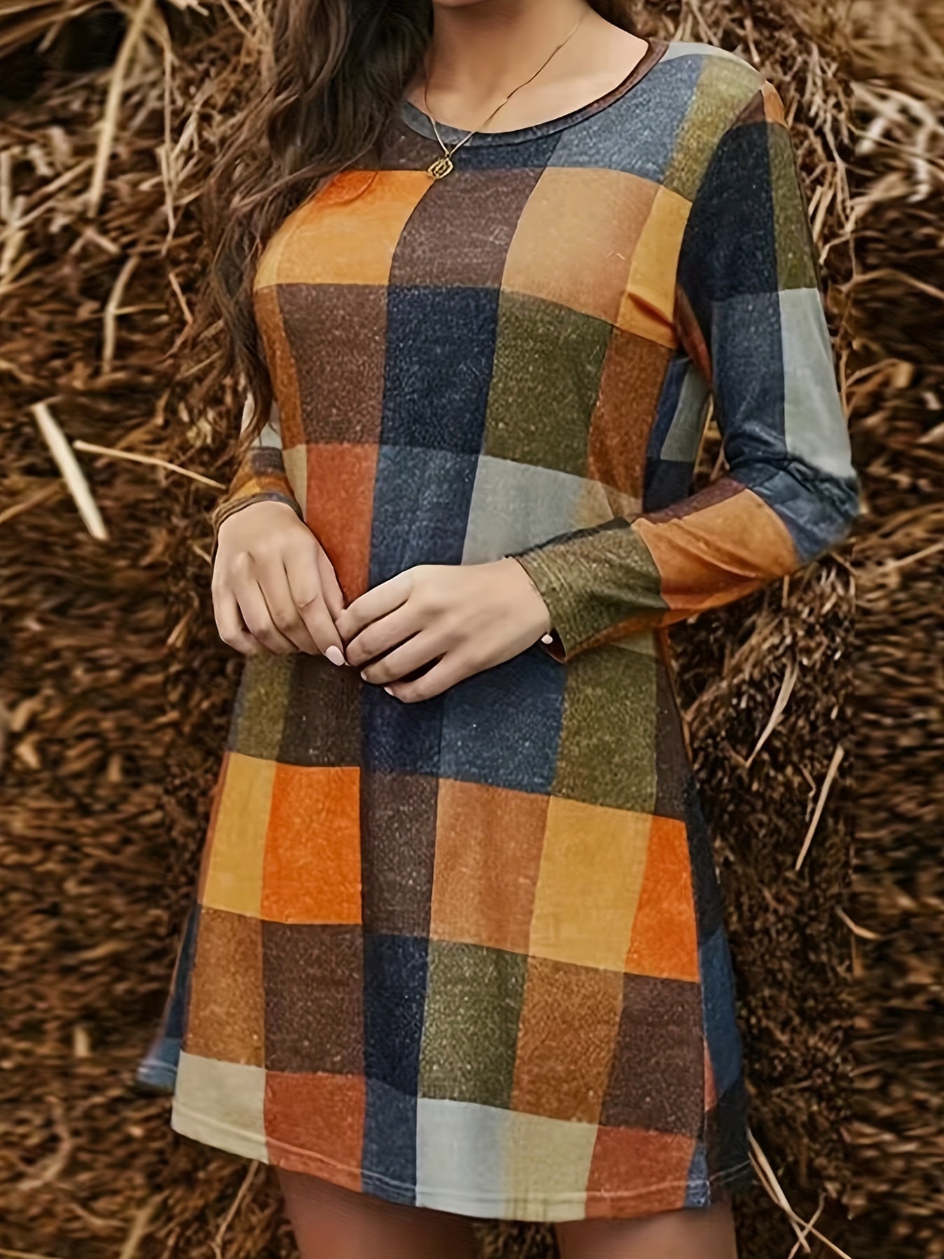 Women's Plus Plaid Print Long Sleeve Round Neck Mini Dress