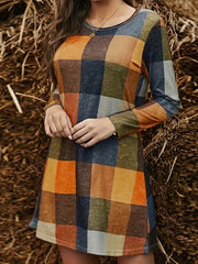 Women's Plus Plaid Print Long Sleeve Round Neck Mini Dress
