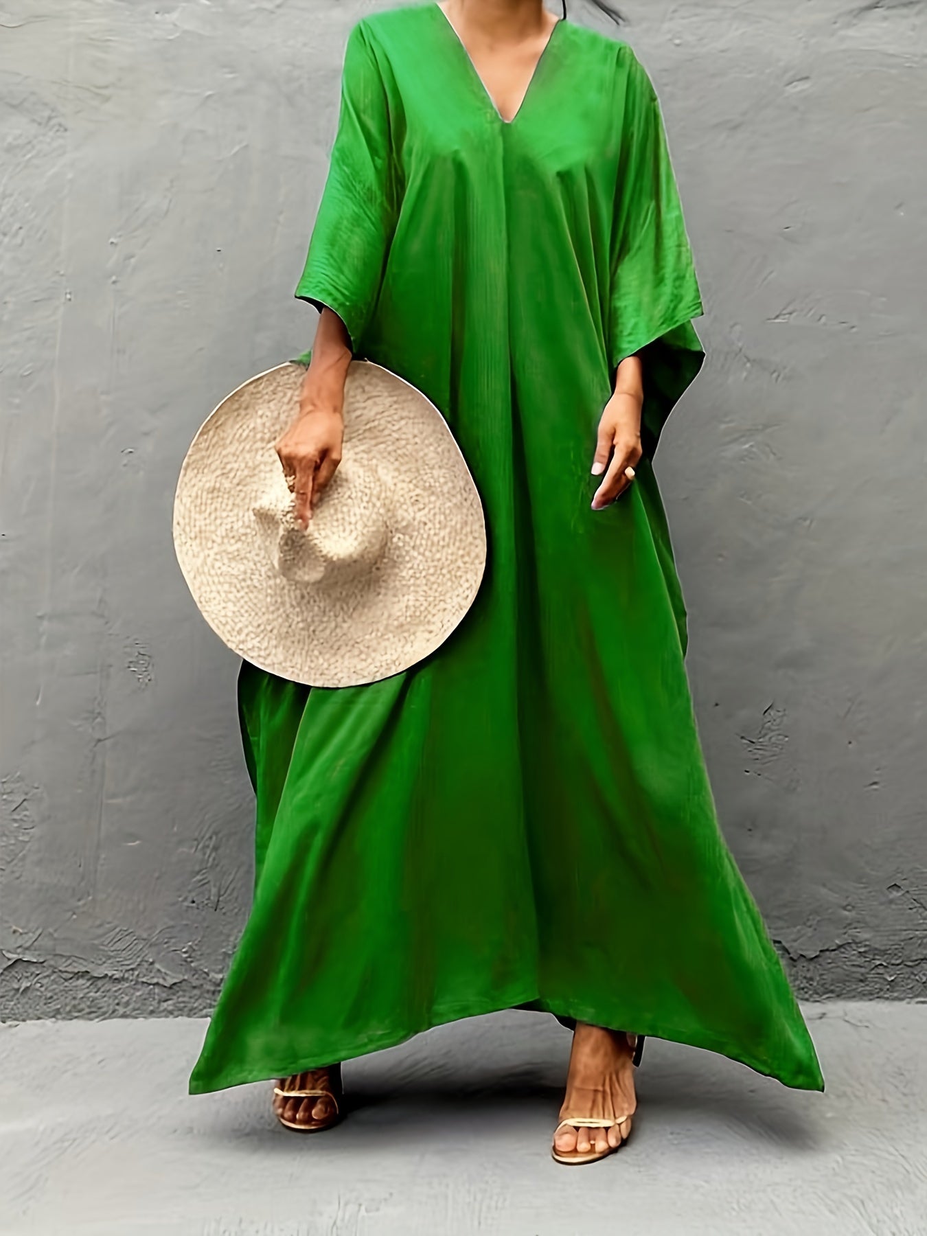 Vacay Cover Up Women's Plus Solid Batwing Sleeve V Neck Maxi Split Kaf