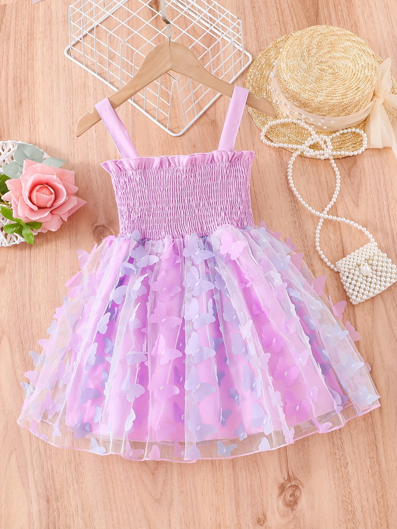 Toddler Girls Butterfly Applique Frill Trim Cami Dress