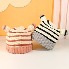 Kids Wool Striped Knit Hat w/ Horn for Daily Use